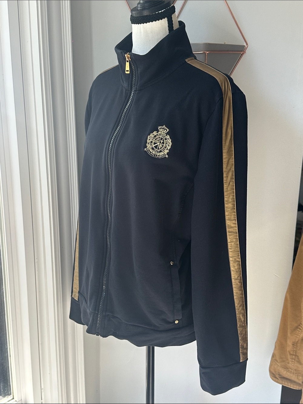 Lauren Ralph Lauren Active Black Gold Crest Track Jacket Zip Up Sweater Sz Large